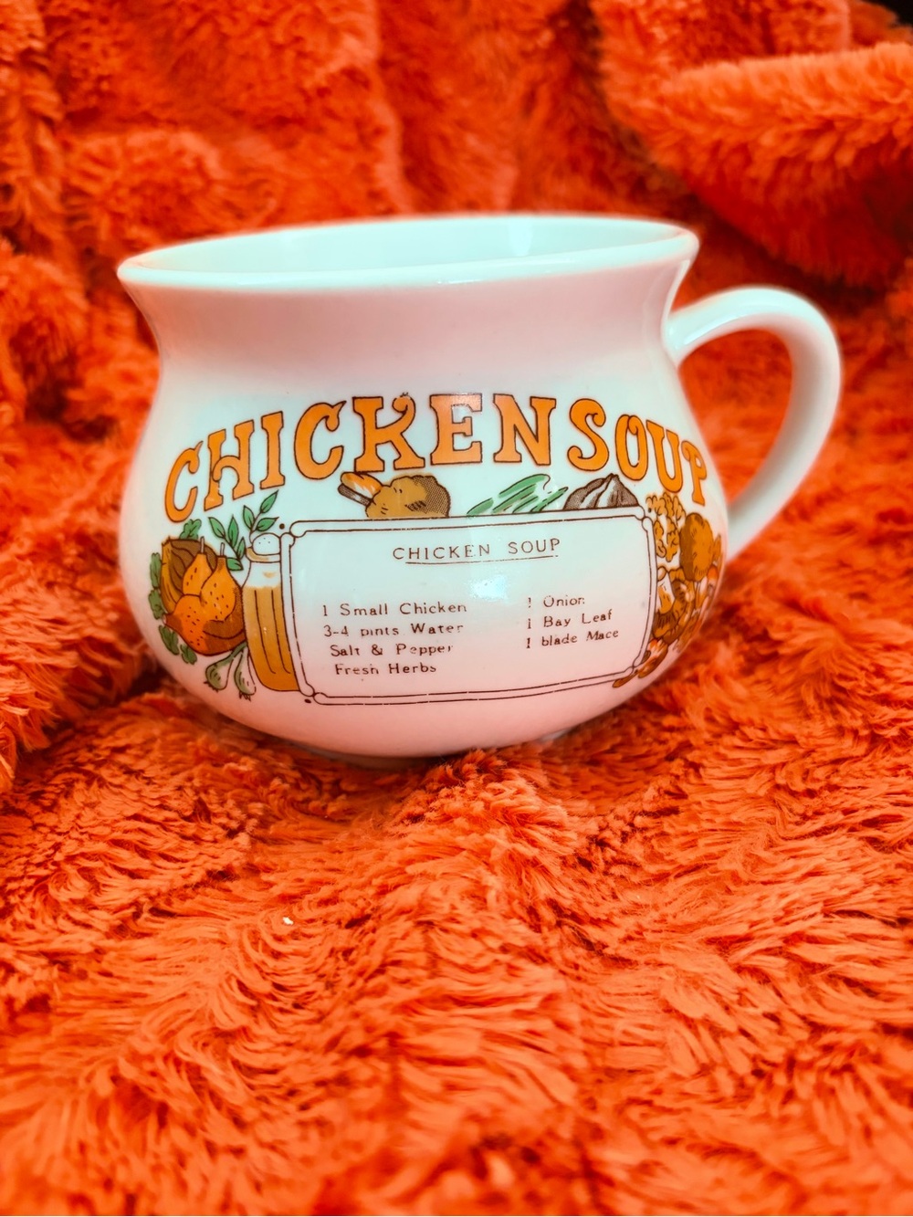 Vintage Chicken Soup Ceramic Mug - White with Orange Graphics